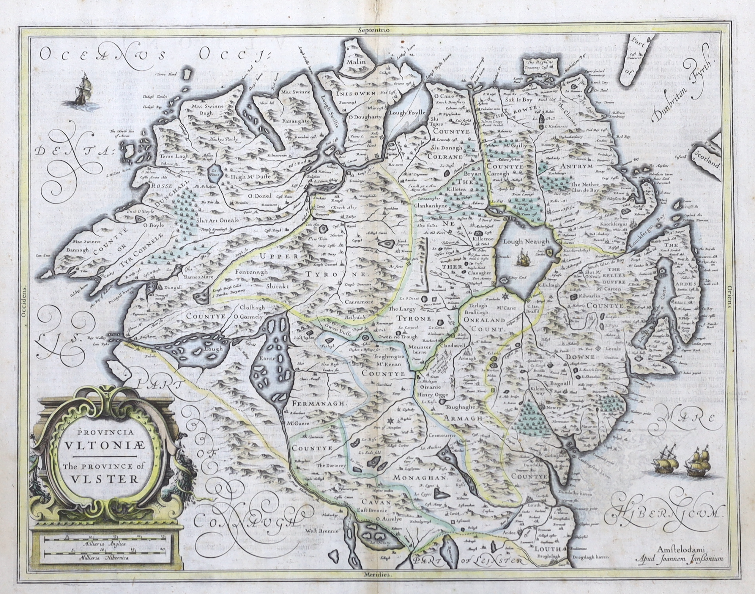 Johannes Jansson (Dutch, 1588-1664), hand-coloured map, The Province of Ulster, Northern Ireland, text verso, 44 x 54cm